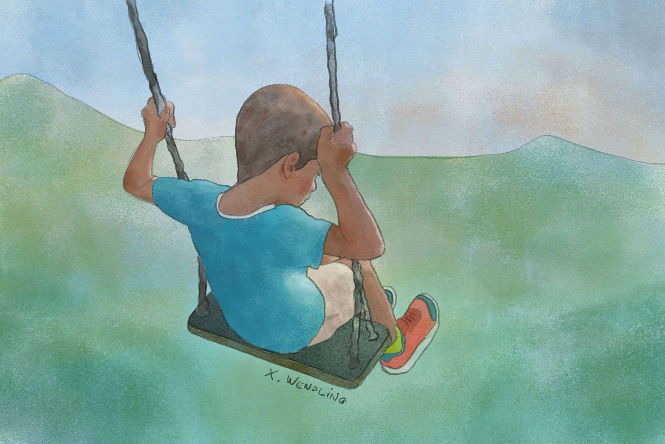 Boy on swing illustration by Xavier Wendling